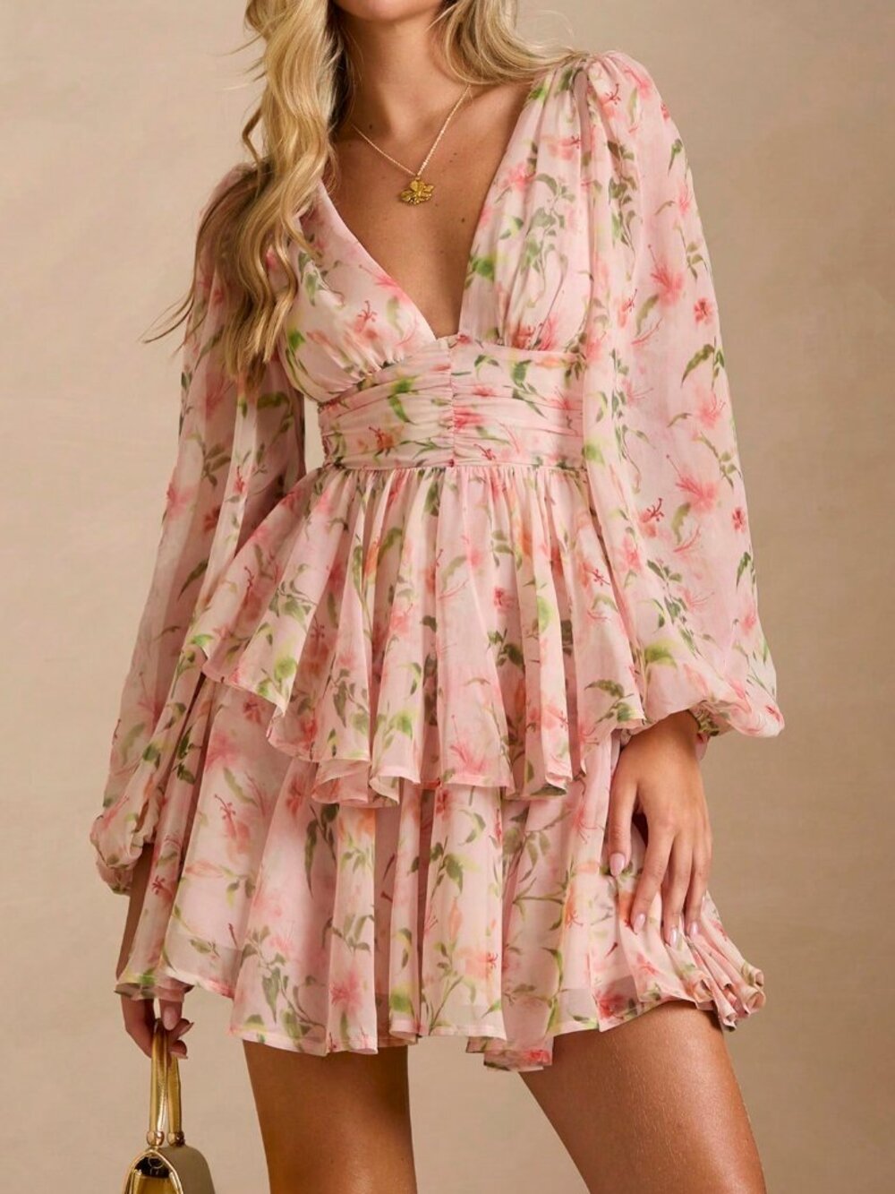 Baby Pink Boho Women's Romantic Floral Print V-Neck Long Sleeve Mini Dress - Picture 4 of 7